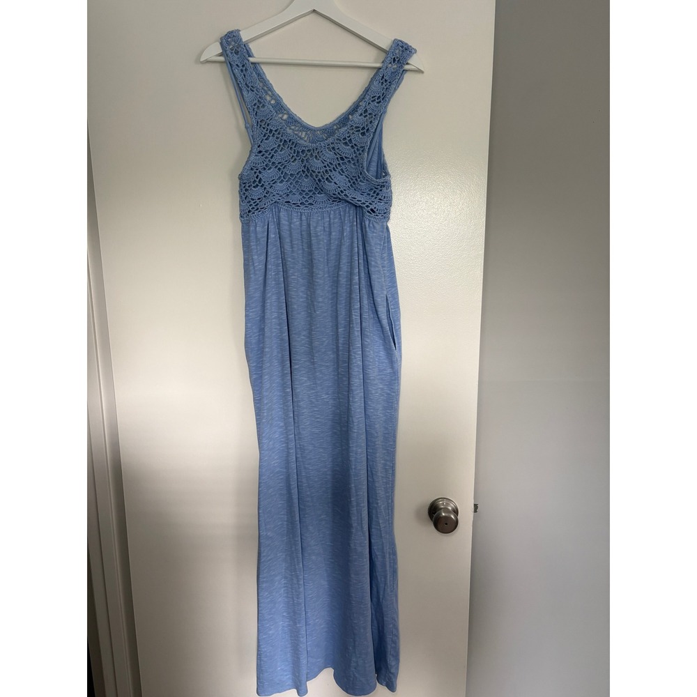 NWT Aerie Crochet Bodice Maxi Dress Small Blue Cotton Slub Sleeveless Pockets - Picture 7 of 9